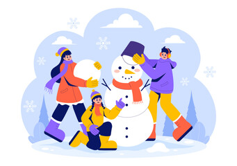 Vector Illustration of People Having Fun Outdoors Building a Snowman During Winter Activities in a Flat Style Cartoon Background