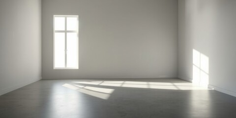 Sunlight streams through a window, illuminating the corner of an empty room, casting long shadows on the concrete floor.