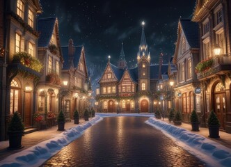 Fototapeta premium A festive Christmas village with glittering buildings and sparkling streets, christmas village, colorful decorations, festive architecture