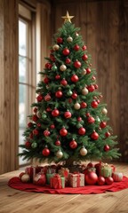 A festive Christmas tree decorated with ornaments in shades of red and green on a wooden table background , winter wonderland, Christmas tree, festive