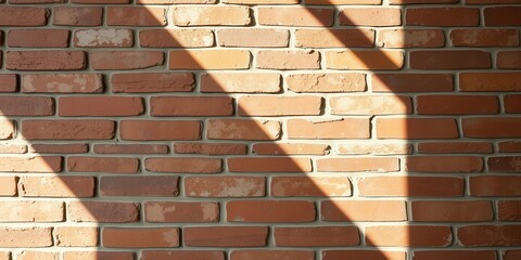 A brick wall with sunlight casting diagonal shadows, revealing the texture and depth of the individual bricks.