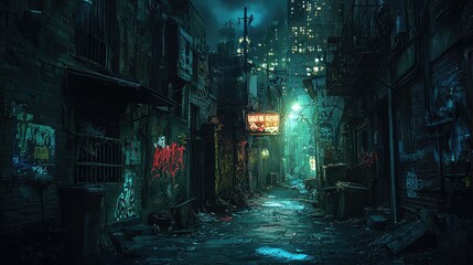 Dark Urban Alleyway at Night with Neon Lights and Street Art