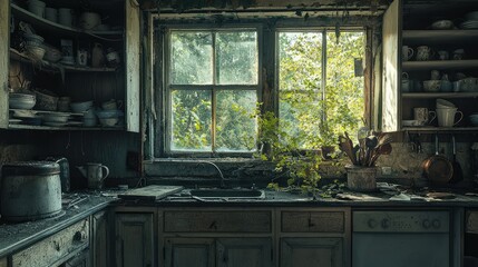 Abandoned Kitchen With Overgrown Plants and Dusty Surfaces