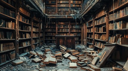 Obraz premium Abandoned Library with Dusty Shelves and Books on the Floor