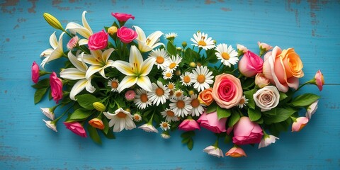 A vibrant arrangement of lilies, daisies, and roses, showcasing nature's beauty on a rustic blue wooden backdrop