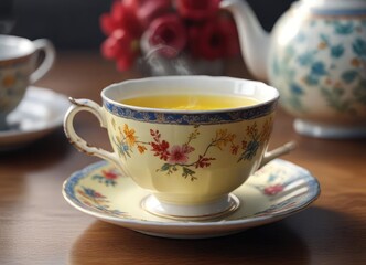 Fototapeta premium A delicate china teacup filled to the brim with steaming hot tea, garnished with a sprinkle of sugar and a small pat of butter , china, tea, sugar