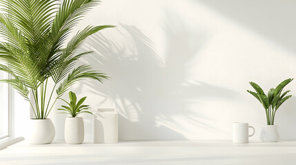 Fototapeta premium Sunlit white room with plants on windowsill