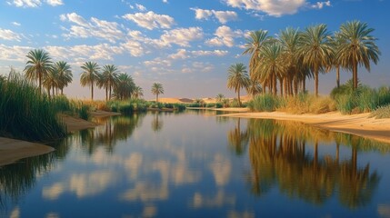 Serene Oasis Palm Trees Reflecting In Calm Water