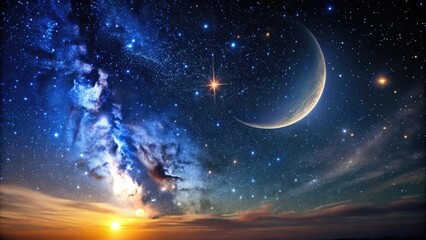 Fototapeta premium A dark vast starry night sky with numerous stars and a bright crescent moon shining in the distance, nebulae, cosmos, universe