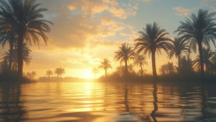 Obraz premium Golden Sunset Over Palm Trees And Calm Water