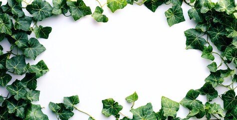 Fototapeta premium Lush green ivy leaves create a frame on a white background.