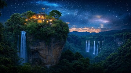Night scene of a house on a clifftop with waterfalls and starry sky.