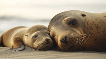 Fototapeta premium Mother sea lion and pup sleeping peacefully on sandy beach.