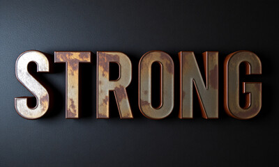 Naklejka premium The word 'STRONG' in industrial-style 3D metallic letters with rust textures