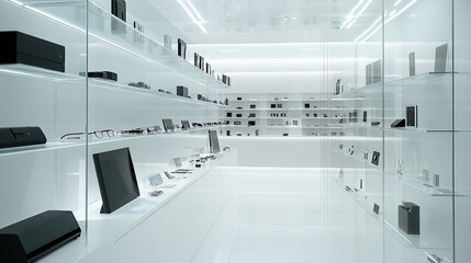 Minimalist white retail store interior with glass shelves displaying electronics and accessories.