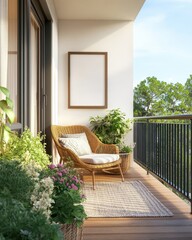 Serene Balcony Oasis With Wicker Chair And Plants