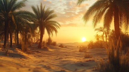 Fototapeta premium Golden Sunset Over Desert Palm Oasis Landscape