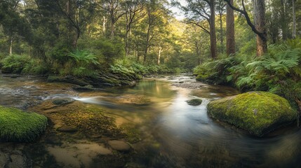 Obraz premium Serene Forest Stream: Mossy Rocks and Sunlight Dappled Water