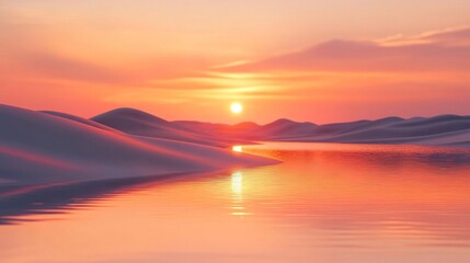 Serene Sunset Over Sandy Desert Landscape With Still Water
