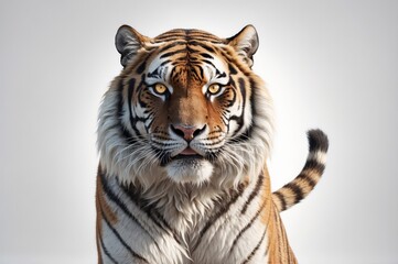 Fototapeta premium Majestic Siberian tiger portrait, intense gaze, orange fur, black stripes, white background.