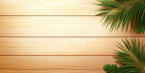 Wooden background with tropical palm leaves.