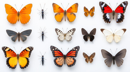 Colorful butterfly and insect collection displayed on a white background, showcasing diverse species and vibrant natural beauty. Entomology exhibit.