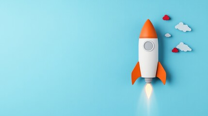 Colorful Rocket Toy Soaring in Blue Sky Banner with Copy Space