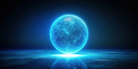 Fototapeta premium Glowing blue orb floating in mid-air on a dark black background with subtle texture and slight shimmer effect , neon glow, blue glowing ball