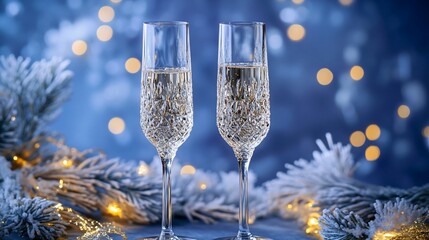 Two champagne flutes filled with sparkling wine, adorned with festive lights and snowy branches.