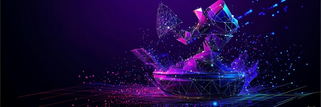 Abstract polygonal ship sinking in vibrant purple and blue water.