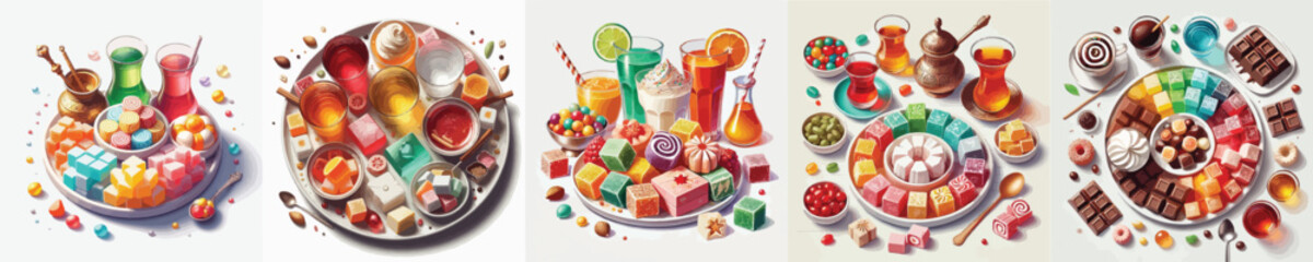 vector set of sweet turkish delight dishes