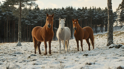 Three horses stand in snowy field, winter forest background, idyllic equine scene, perfect for calendar or postcard