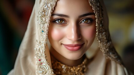 Elegant Bride in Embroidered Veil and Golden Jewelry