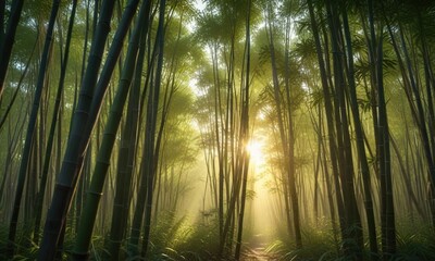 Fototapeta premium The sun casts its rays through the dense foliage of a bamboo forest, creating a sense of depth and dimensionality, bamboo forest, foliage, natural landscape