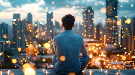 Male Loneliness Epidemic concept. A person gazes over a city skyline at dusk, surrounded by glowing lights, evoking a sense of tranquility and reflection.
