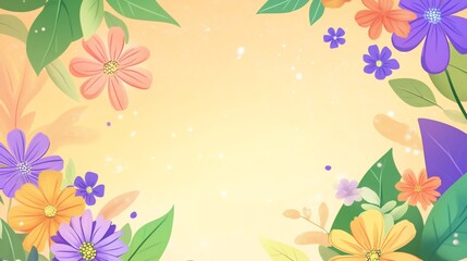 Obraz premium Vibrant floral frame with colorful flowers and leaves on a soft orange background.