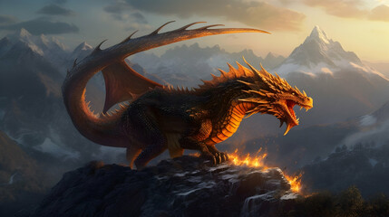 Majestic golden dragon overlooking fiery mountain range at sunset, fantasy artwork