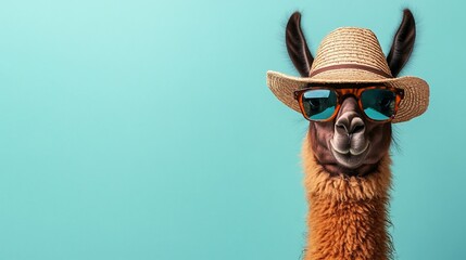 Llama wearing sunglasses and straw hat against a teal background.