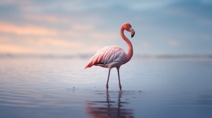 A flamingo standing in water, soft natural light, light background with space on the right,generative ai illustration
