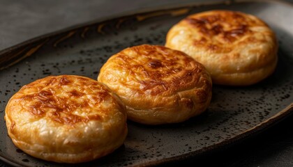 Three golden-brown pastries on a dark oval plate.