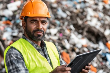 Recycling Plant Worker Using Digital Tablet for Waste Management