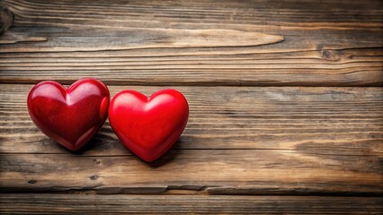 Fototapeta premium Valentine's Day Background with Two Red Hearts on Wooden Surface, sweet gesture