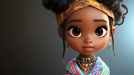 Adorable 3D Render of a Young Black Girl with Traditional African Headwrap and Jewelry