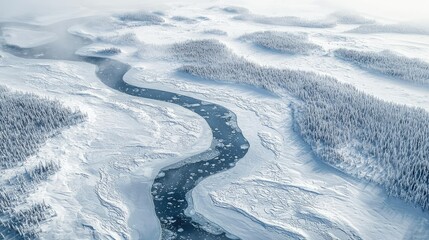 Serene Aerial View of Snowy Landscape with Meandering River