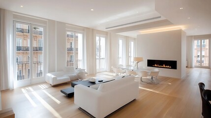 Fototapeta premium Modern minimalist living room with white furniture, hardwood floors, large windows, and fireplace.