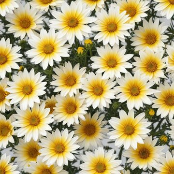 White background with multiple yellow Euryops pectinatus flowers, petals, euryops pectinatus