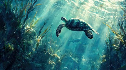 Fototapeta premium Majestic Sea Turtle Swimming Among Colorful Underwater Plants