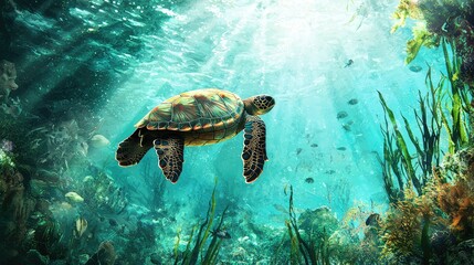 Naklejka premium Majestic Sea Turtle Swimming Through Vibrant Coral Reef Environment
