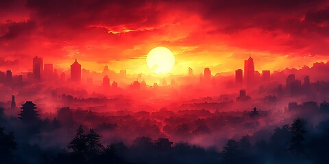 Fototapeta premium Fiery sunset over misty city skyline, fiery clouds, urban landscape, dramatic background