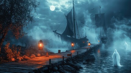 Fototapeta premium Mysterious Night Scene with Ghostly Figures and Sailboats on Water